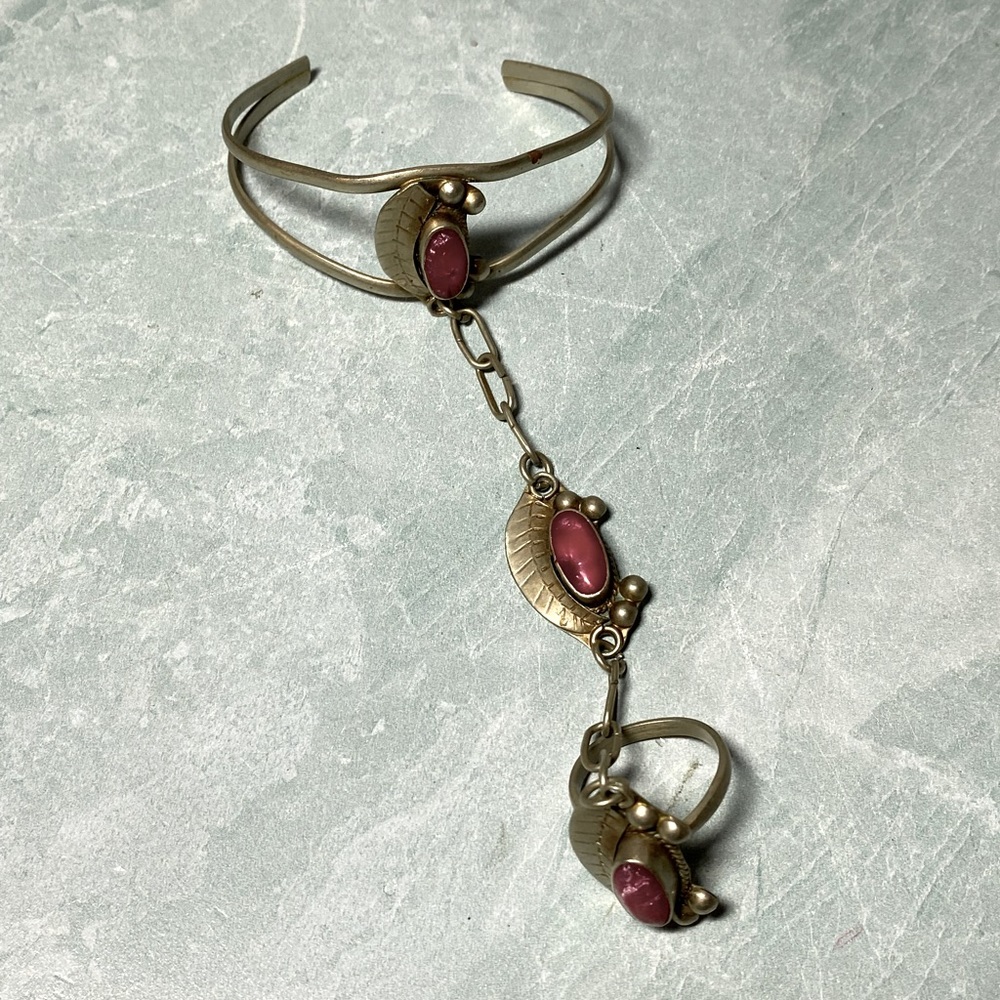 Taxco Sterling Silver and Pink Stone Hand Chain